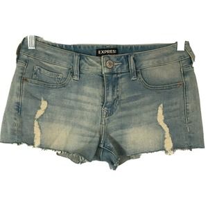 Express Shorts Womens Sz 2 Light Wash Lace Trim Denim Stretch Low Rise Shortie 1